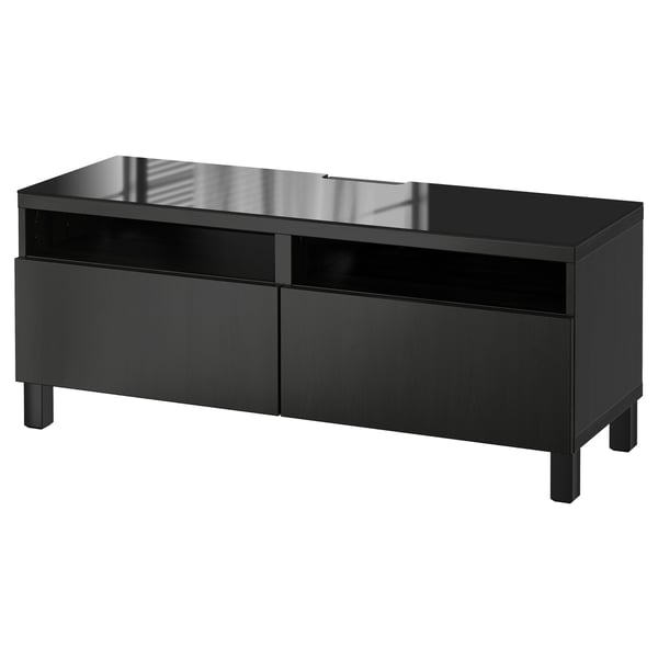 Black BESTÅ tv stand, modern design with glass top, two drawers, and open shelf.