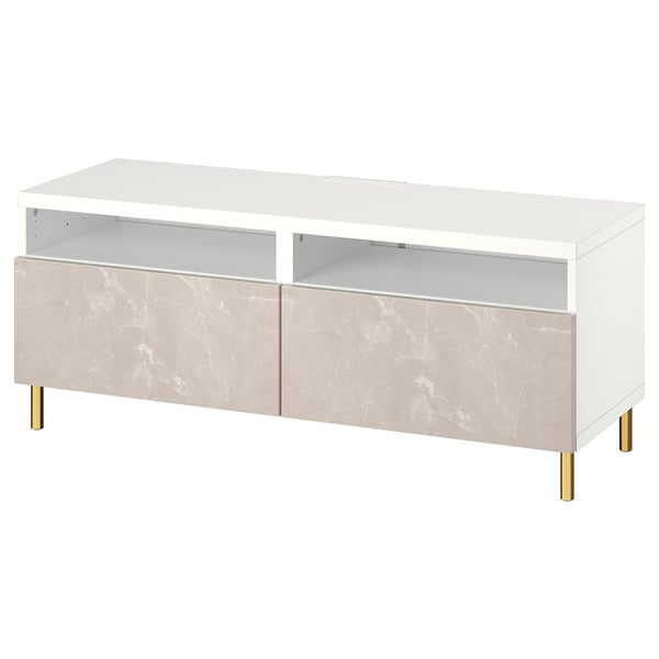 A white BESTÅ tv bench with marble-effect drawers and gold legs.