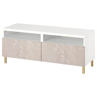 A white BESTÅ tv bench with marble-effect drawers and gold legs.