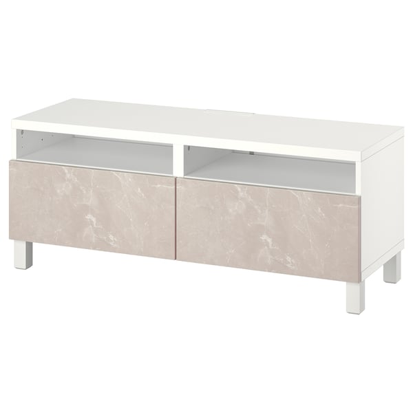 Modern white tv stand with marble-effect drawers, sleek and minimalist design, featuring open storage and cable management.