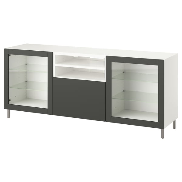 BESTÅ tv bench, white and dark gray, rectangular with glass doors, modern design, adjustable shelves, cable management.