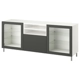 BESTÅ tv bench, white and dark gray, rectangular with glass doors, modern design, adjustable shelves, cable management.