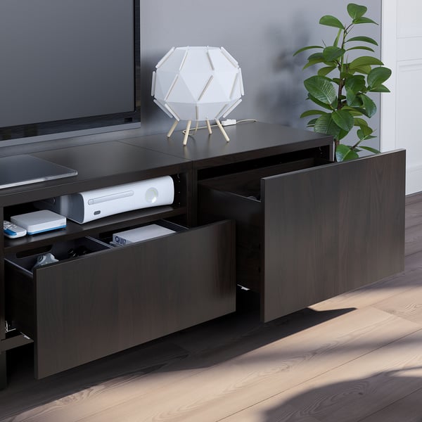 Modern tv stand with adjustable shelves, cable management, and open drawers, suited for up to 99-inch tvs.