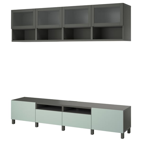 Modern storage set: slim green tv stand with shelves, drawers, & wall cabinet with glass doors.