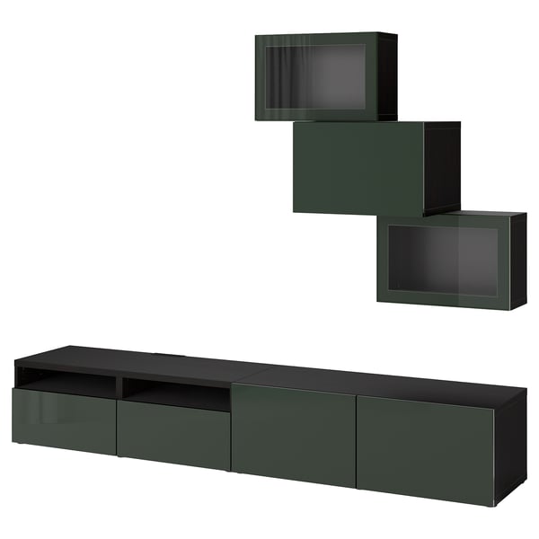 Dark green BESTÅ tv unit & shelves. Modern, sleek design with adjustable compartments and soft-close.