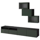 Dark green BESTÅ tv unit & shelves. Modern, sleek design with adjustable compartments and soft-close.