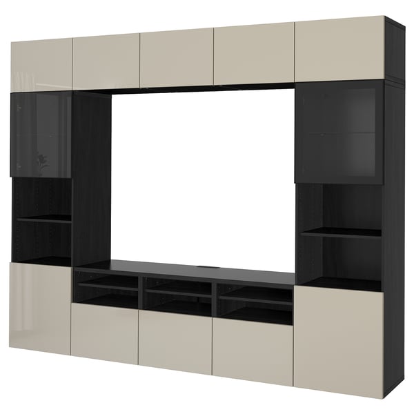 Modern, large BESTÅ storage unit. Top in beige, bottom in black. Glass doors on sides, open shelves in the centre. Tall, rectangular, sleek design.