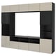 Modern BESTÅ tv unit with beige and black cabinets. Offers ample storage with shelves and adjustable compartments, ideal for media setup.
