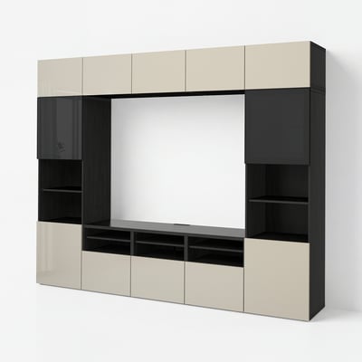 BESTÅ TV storage combination/glass doors, black-brown/Selsviken high-gloss/beige smoked glass, 300x42x231 cm