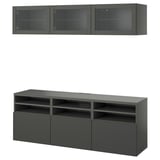 Modern grey BESTÅ tv unit & wall cabinets. Sleek design, glass doors, adjustable shelves.
