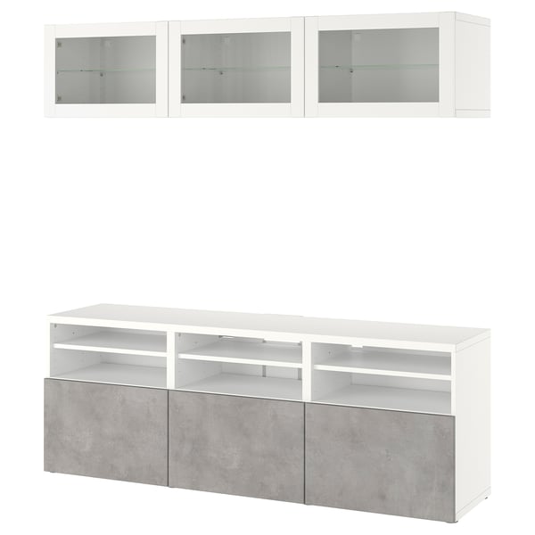 White BESTÅ tv stand: 3 shelves, 2 cabinets, modern, concrete-effect drawers.
