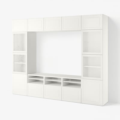 BESTÅ TV storage combination/glass doors, white Smeviken/Ostvik white clear glass, 300x42x231 cm