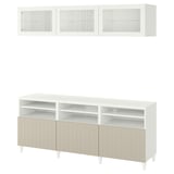 Ikea BESTÅ white tv storage combo; modern, minimalist design with glossy and grey matte finishes, adjustable shelves, and glass cabinets.