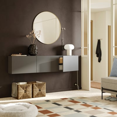 BESTÅ Wall-mounted cabinet combination, dark grey/Lappviken dark grey, 180x22x38 cm