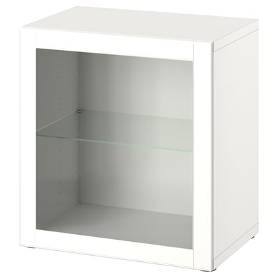 A white BESTÅ storage unit with a single glass shelf and open front, perfect for organizing items.