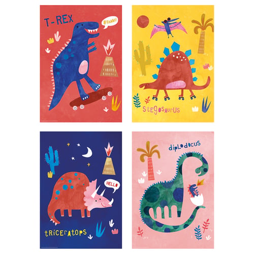 Four vibrant dinosaur illustrations on posters in red, yellow, blue, and pink featuring t-rex, stegosaurus, triceratops, and diplodocus.