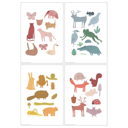Four illustrated posters of varied wildlife scenes by joelle wehkamp and aniek bartels.
