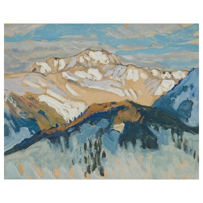 BILD, mountain landscape painting, blue, white, brown, rectangular.