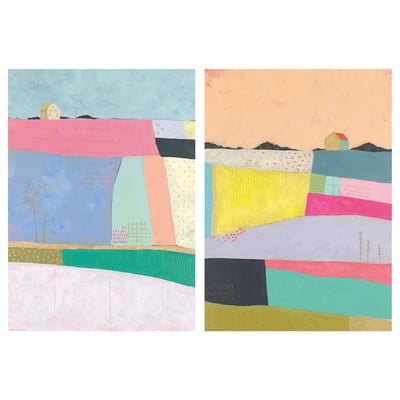 Two vibrant abstract paintings with colourful geometric shapes and small houses. Bright hues, varied shapes, and whimsical details.