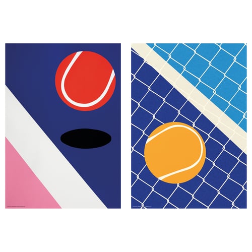 Geometric tennis posters: blue/red & blue/orange.