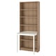 BILLY bookcase and desk combo in oak. Tall, slim design with multiple shelves and a pull-out white desk.