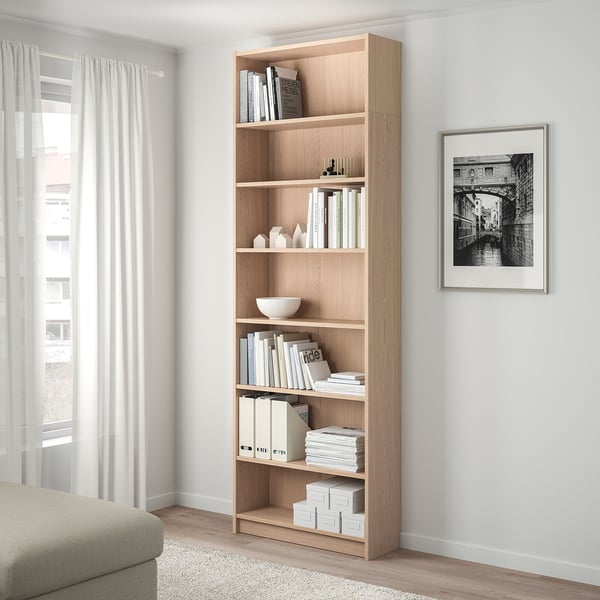 BILLY Bookcase with height extension unit, white stained oak veneer