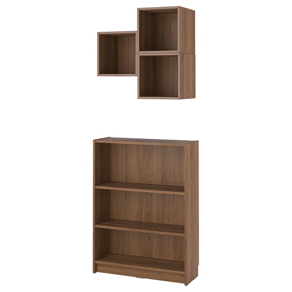 Set of modern wooden furniture: 3-shelf BILLY bookcase and hanging cube shelf in walnut finish.