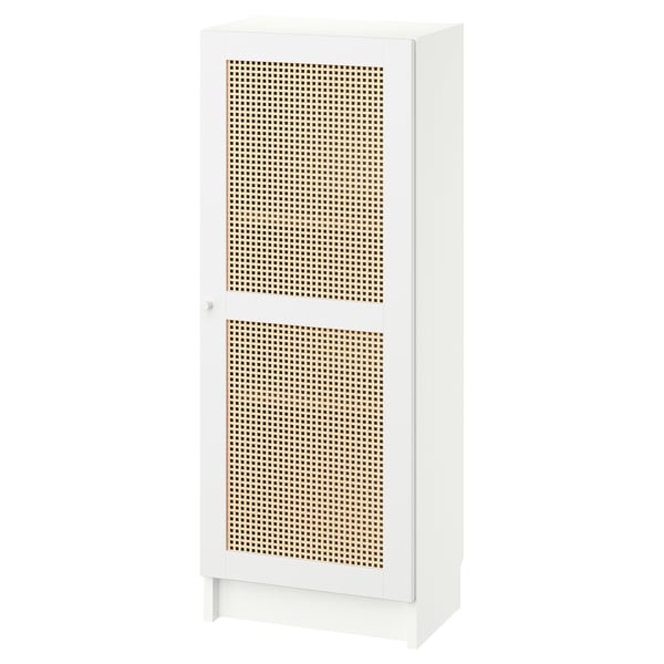A white BILLY bookcase with woven bamboo doors. The cabinet is tall and rectangular, featuring a natural, textured front.