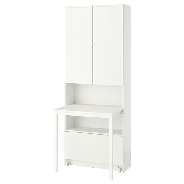 White BILLY bookcase with desk, modern minimalist design, adjustable shelves.