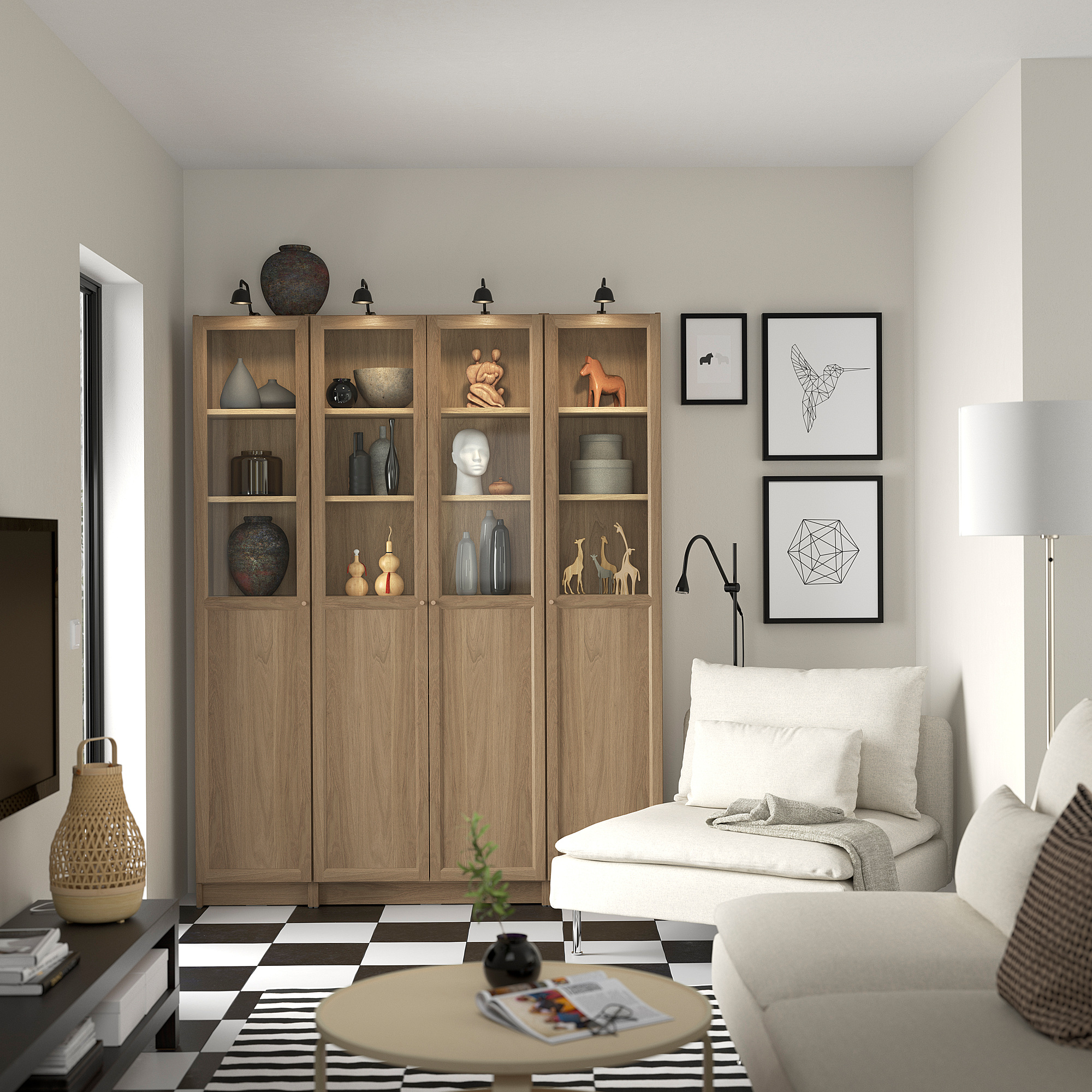 Modern living room with BILLY bookcase, sofa, lamp & checkered rug.