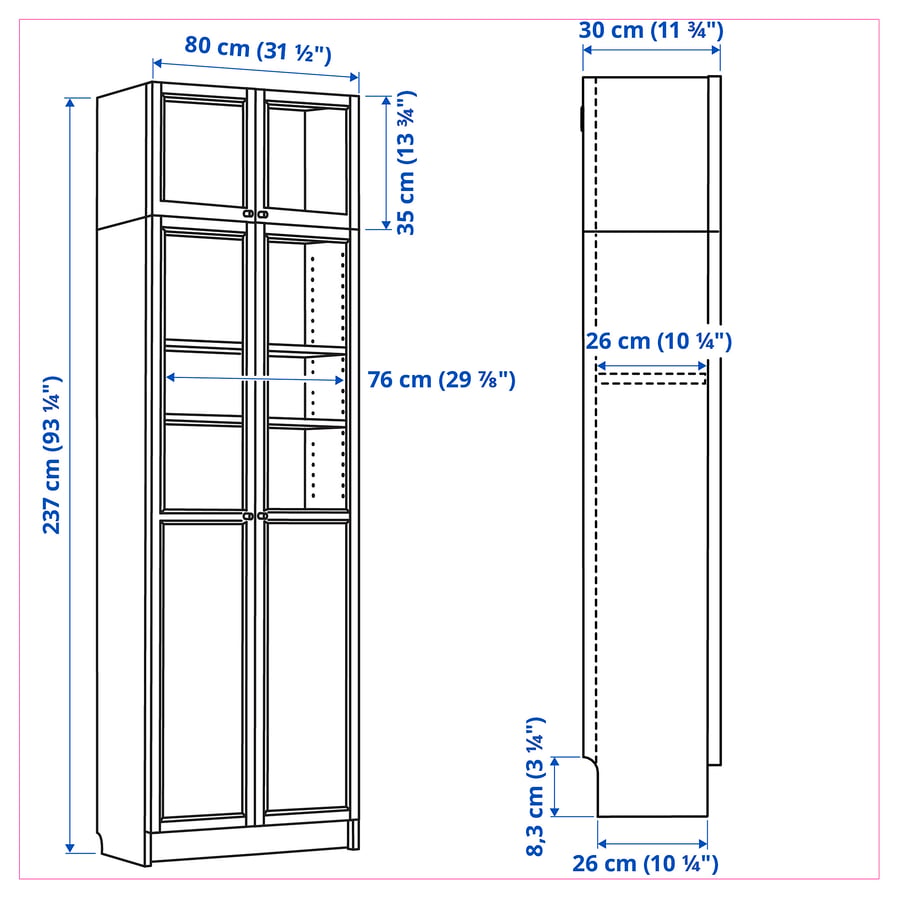 Height Extention BILLY bookcase with height extention unit, panel/glass doors, white ...