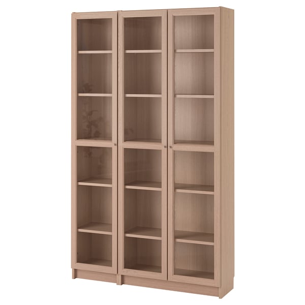 BILLY / OXBERG Bookcase with glassdoors, white stained oak veneer