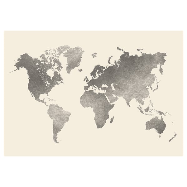 BJÖRKSTA frame-less world map poster, grey, on beige background, polypropylene material.