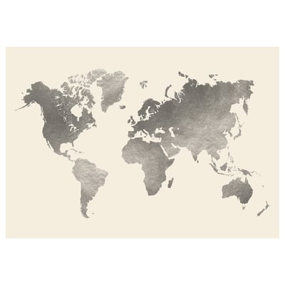 BJÖRKSTA frame-less world map poster, grey, on beige background, polypropylene material.