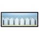 Framed beach cabin photo in black, with white cabins & blue sky.