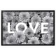 Black and white floral art with love text, framed in black.