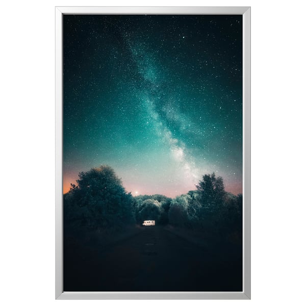 BJÖRKSTA framed print: night sky, stars, trees, camper.