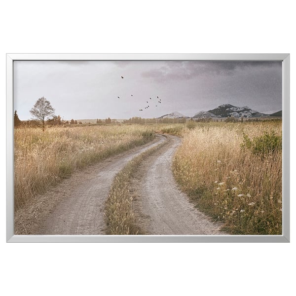 A BJÖRKSTA framed picture with a dirt road through a grassy field and mountains in the distance. It is encased in a silver aluminum frame.