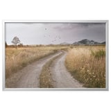 A BJÖRKSTA framed picture with a dirt road through a grassy field and mountains in the distance. It is encased in a silver aluminum frame.