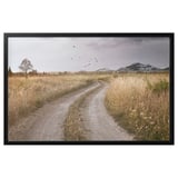 BJÖRKSTA: framed landscape rural path, in land with distant mountains under cloudy sky.