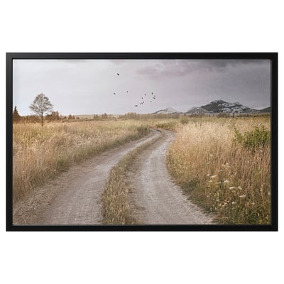 BJÖRKSTA: framed landscape rural path, in land with distant mountains under cloudy sky.