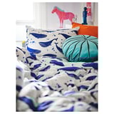 Blue whale-themed kids bedding, blue & white, soft cotton, three pillows.