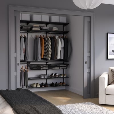 Grey BOAXEL corner wardrobe with shelves, hangers, & shoe racks, modern design.