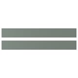 Two horizontal green-grey panels, made of recycled materials. These are BODARP fronts for a modern kitchen, with a smooth, matt finish.