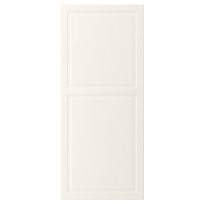 Depicts a white rectangular cabinet door with a beveled panel in the center. Made from fibreboard, it smooth, easy-to-clean lacquered surfaces.