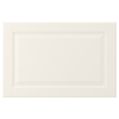 An off-white cabinet door with a beveled panel, smooth lacquered surface, and traditional design. It is rectangular with a simple frame.