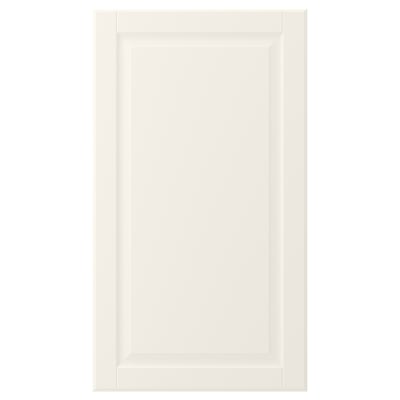 White BODBYN cabinet door with beveled panel, smooth cream finish.