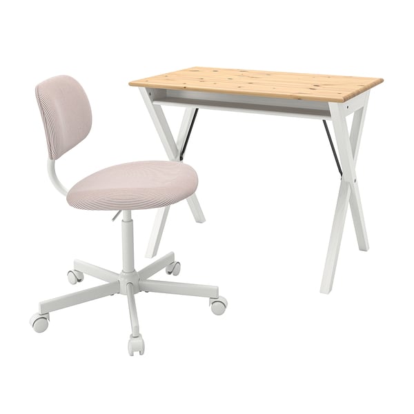 Image shows BOLLPOJKE desk and chair, light wood with white metal legs, patterned fabric seat and backrest.