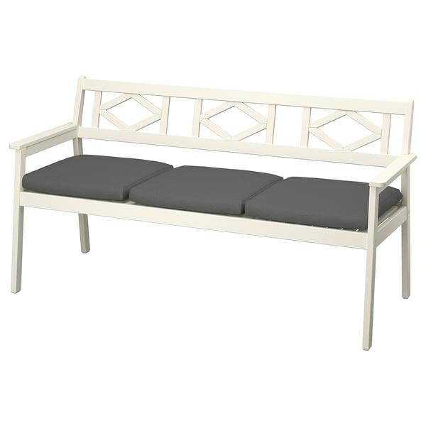 Modern white bench with dark cushions, geometric backrest, solid acacia wood, outdoor style.