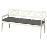 Modern white bench with dark cushions, geometric backrest, solid acacia wood, outdoor style.